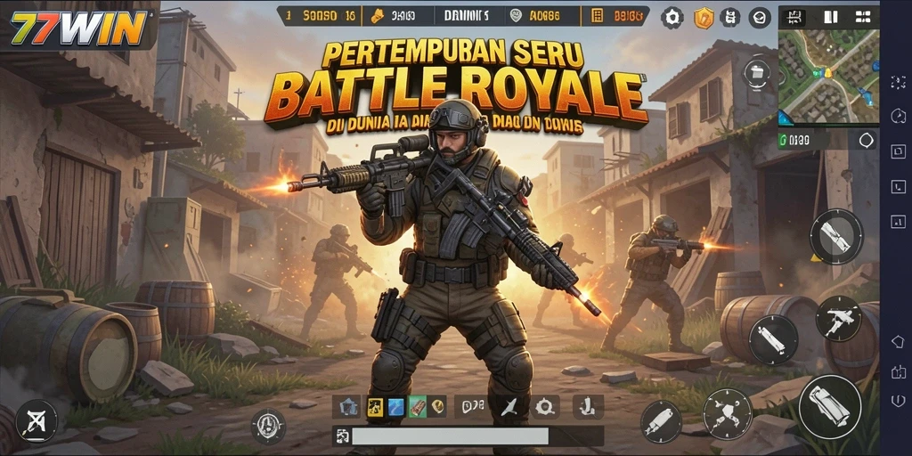 Screenshot utama 77WIN menampilkan aksi pertempuran Battle Royale yang mendebarkan.
