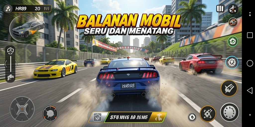 Tampilan gameplay HR89 dengan aksi balapan yang intens dan trek menantang.