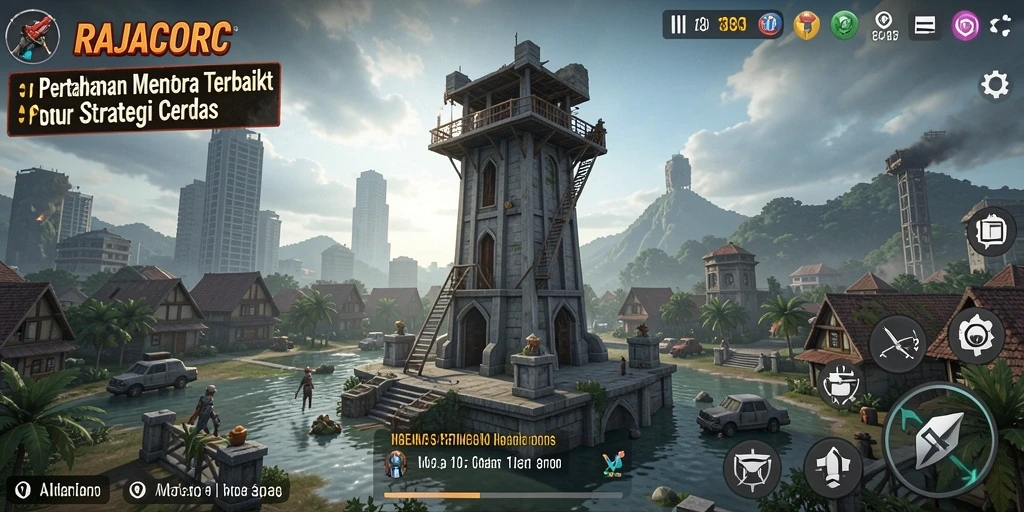Screenshot gameplay RAJACORC dengan menara dan musuh yang beraksi.